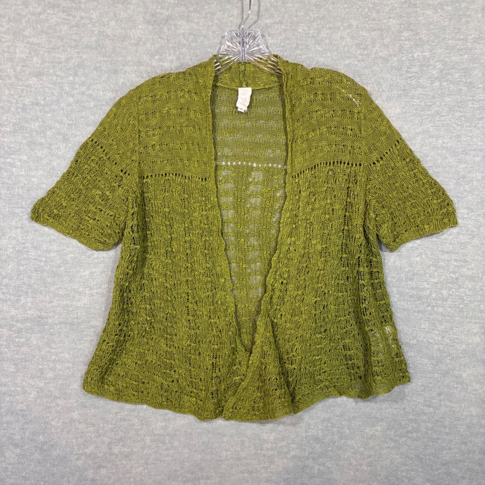 Jones New York Olive Green Linen Cotton Open Knit Short Sleeve Cardigan Medium